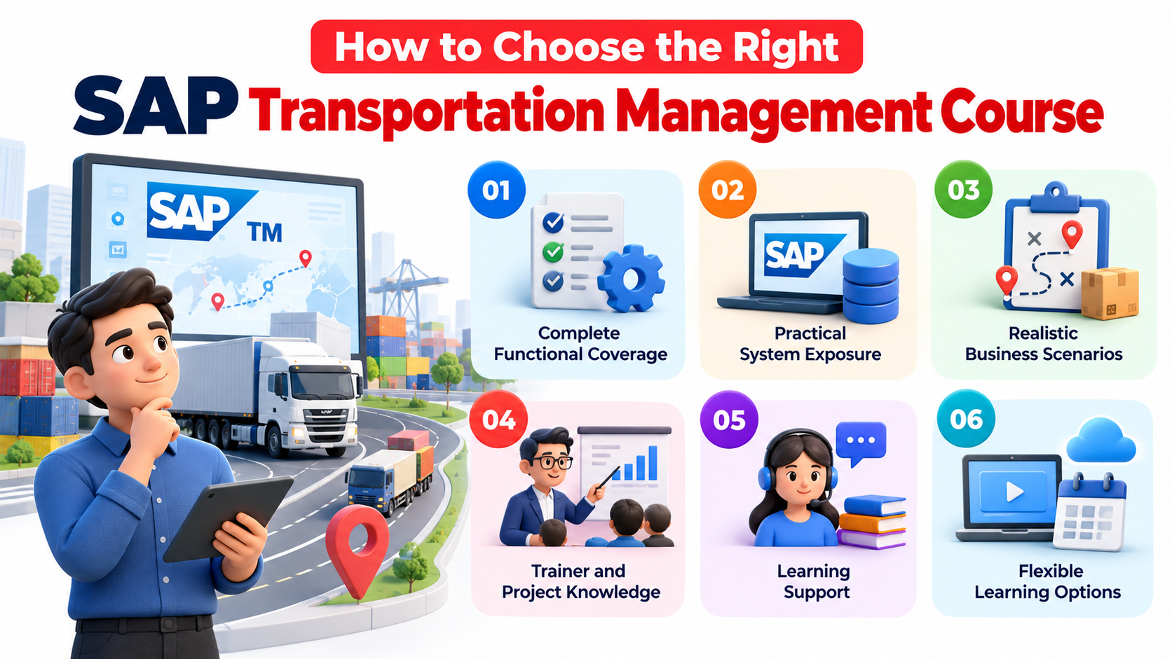 How to Choose the Right SAP Transportation Management Course – 6 Key Factors Including Functional Coverage, Practical SAP System Access, Business Scenarios, Trainer Experience, Learning Support, and Flexible Online Training Options.